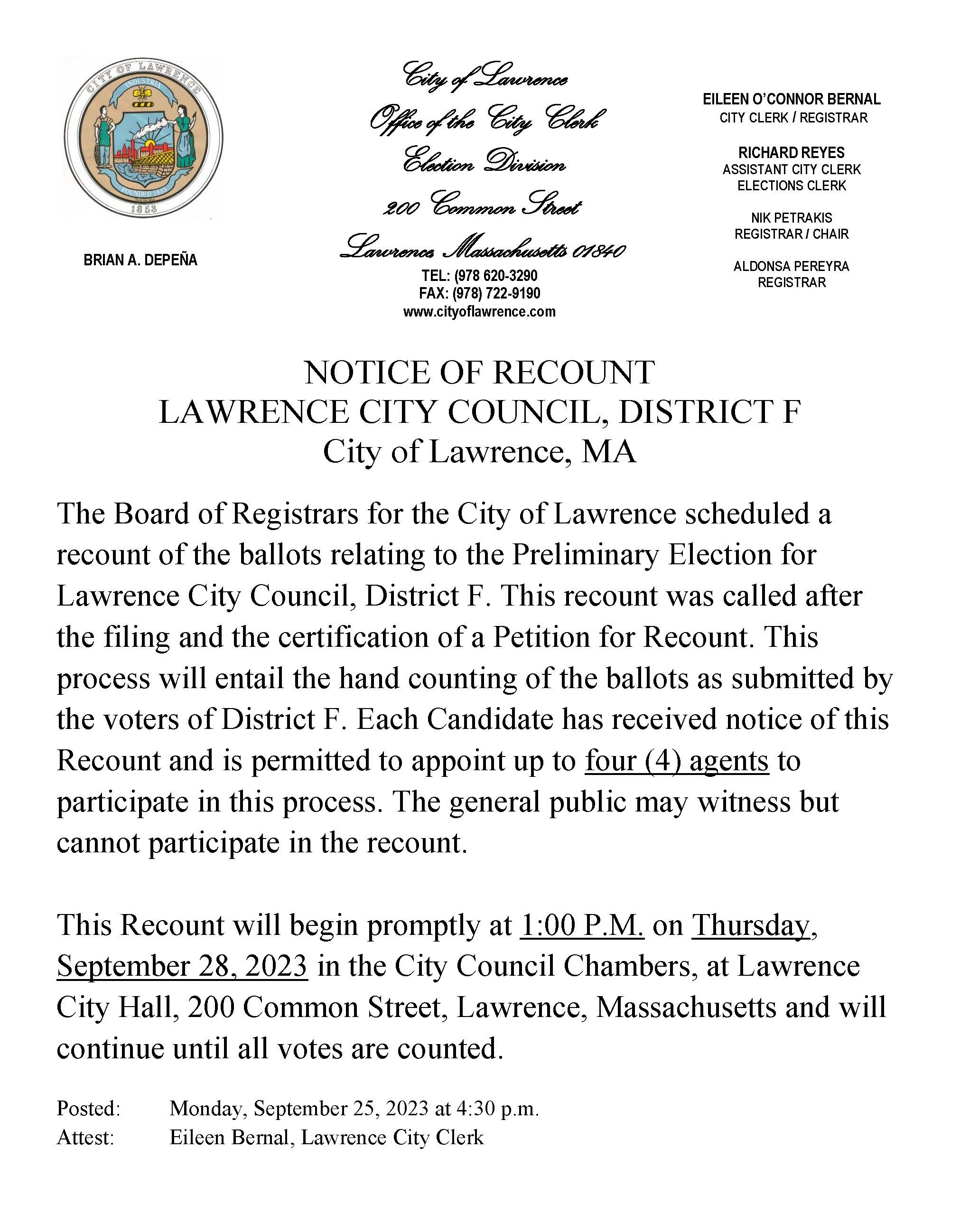ELECTIONS - RECOUNT, NOTICE AS POSTED