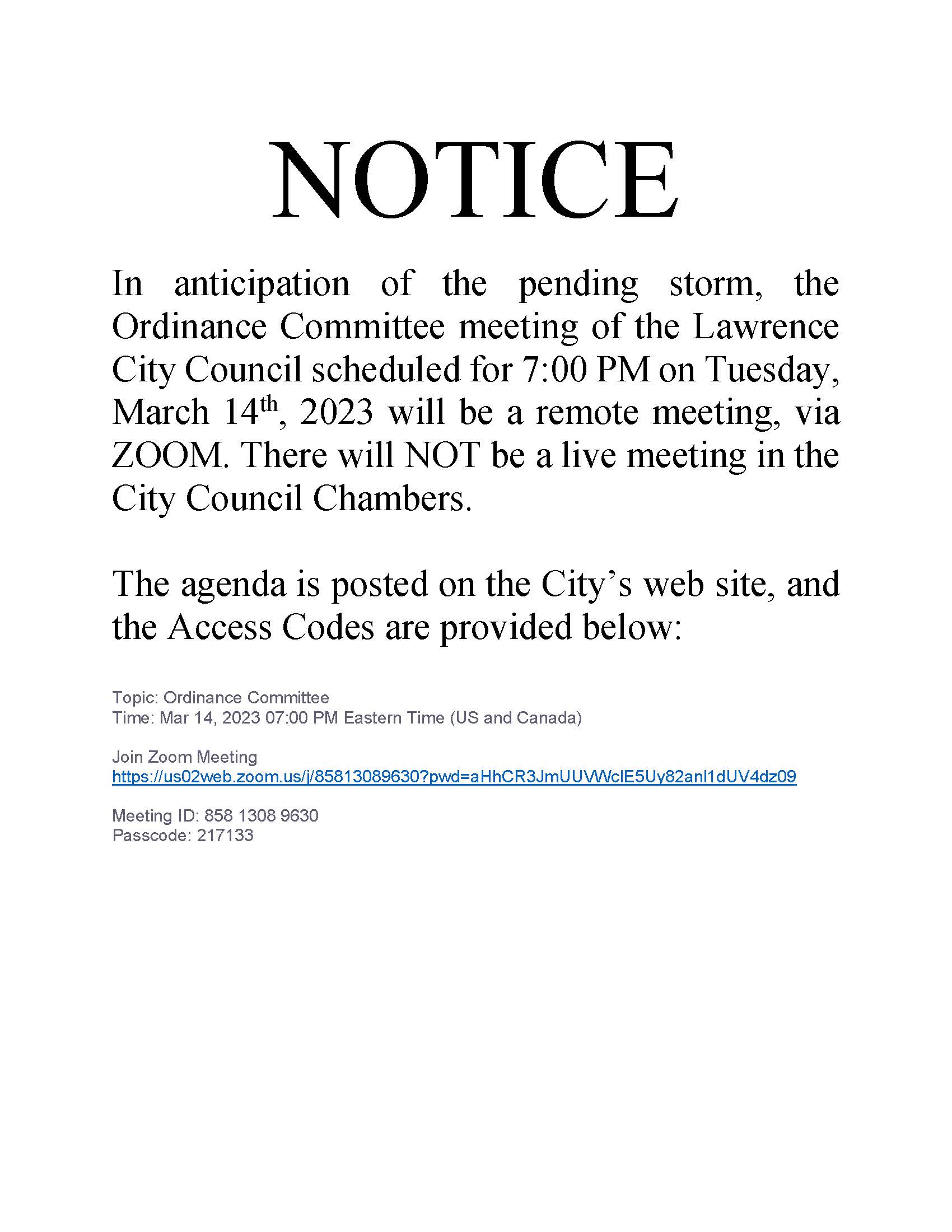 Ordinance Committe - Remote NOTICE